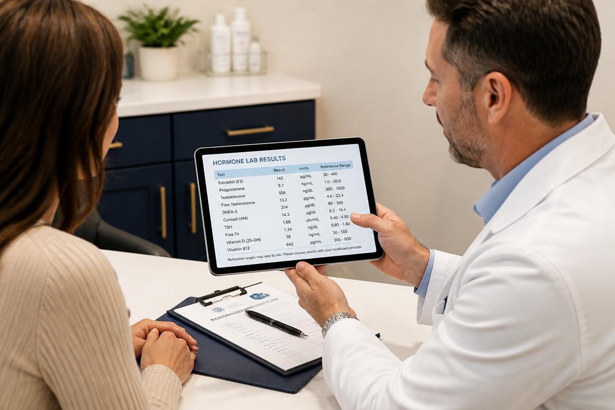 Doctor reviewing hormone lab results with a patient at LINNA Clinic