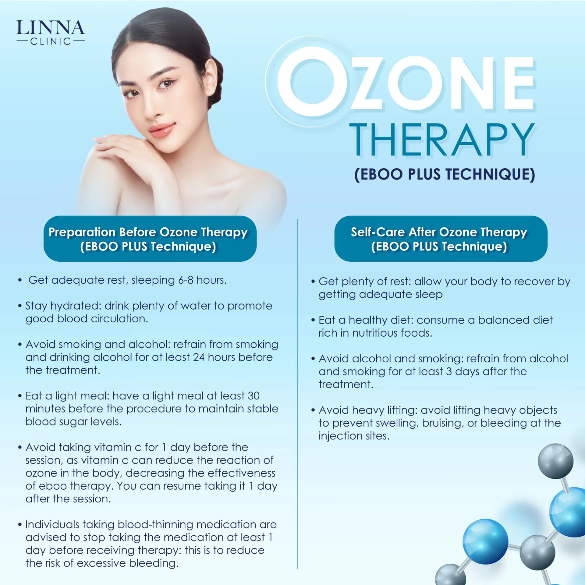 Preparation before and self-care after Ozone Therapy (EBOO PLUS Technique) at LINNA Clinic