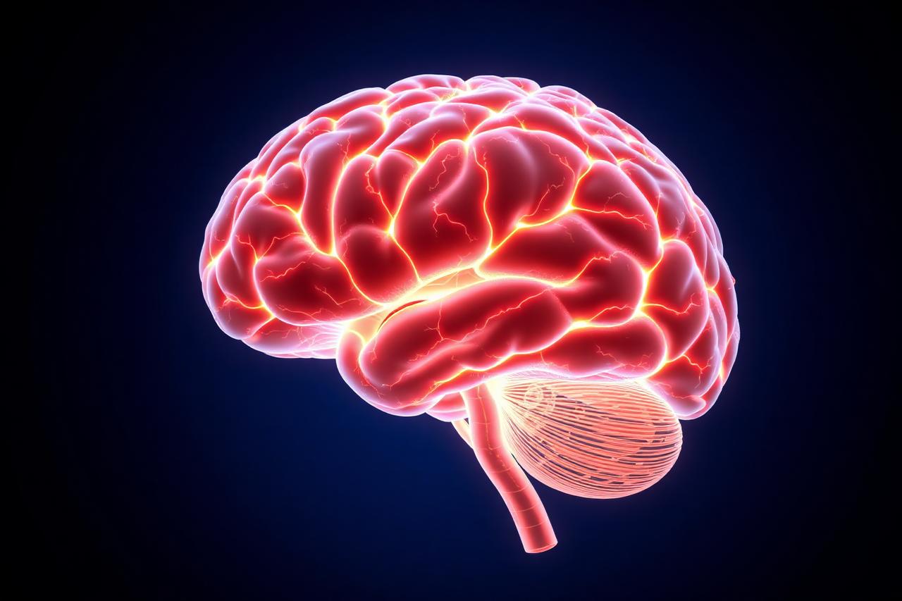 Medical render of the brain with glowing neural pathways
