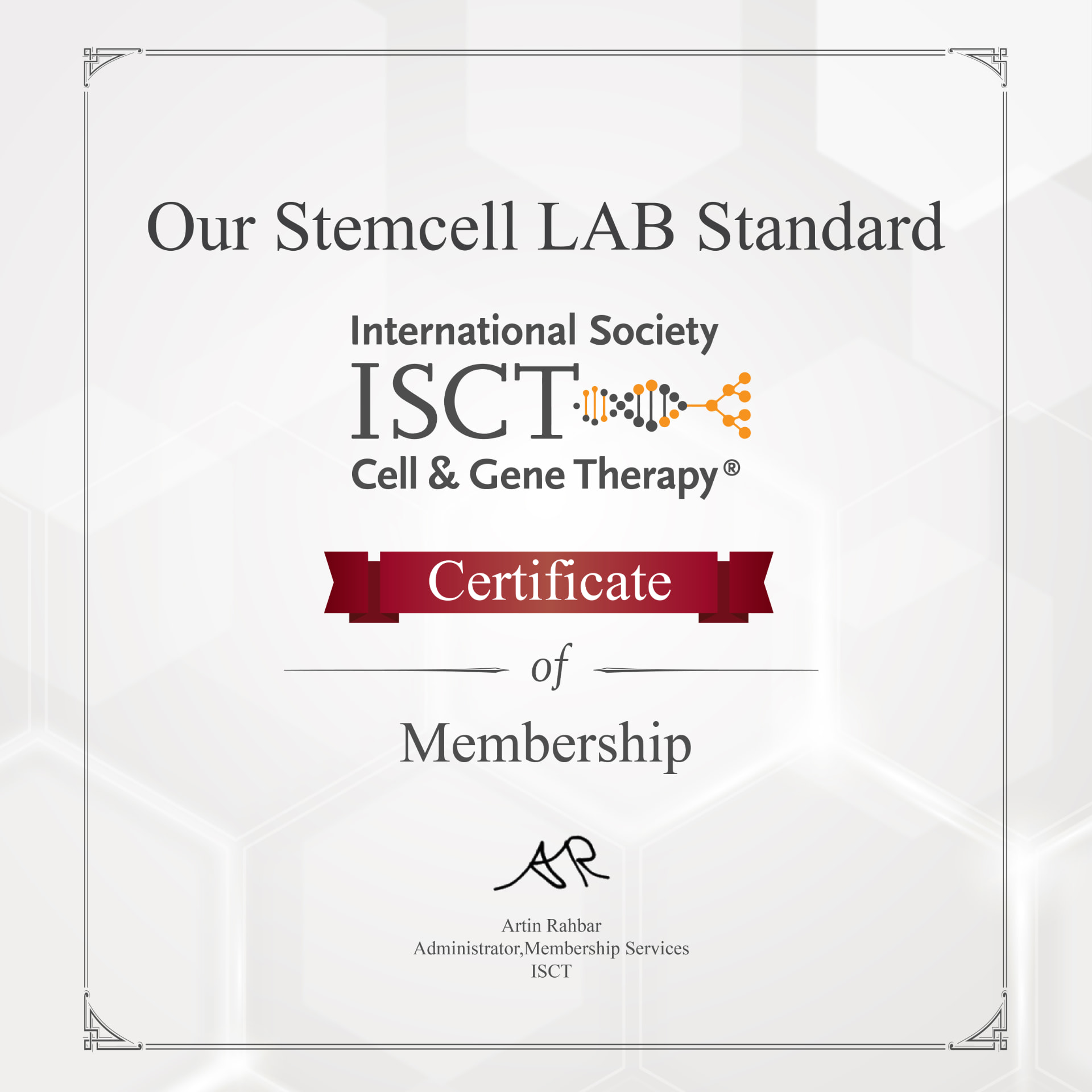 ISCT Certificate of Membership — our stem cell lab standard