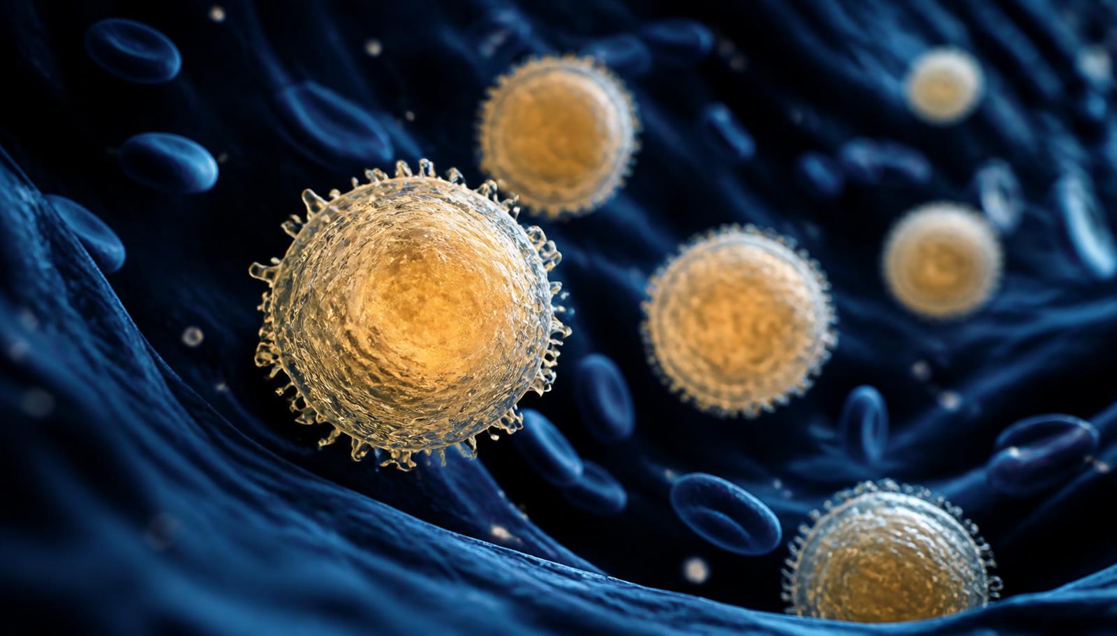 Natural Killer (NK) immune cells circulating in the bloodstream — scientific illustration