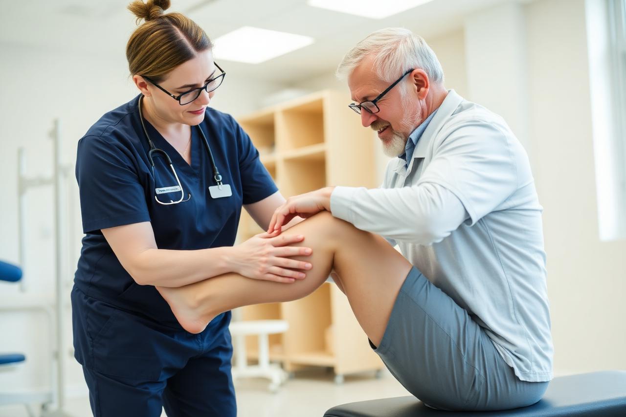 Physiotherapist guiding a patient through gentle knee rehabilitation