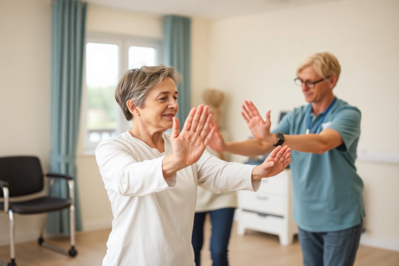Patient practising balance and coordination exercises with a therapist