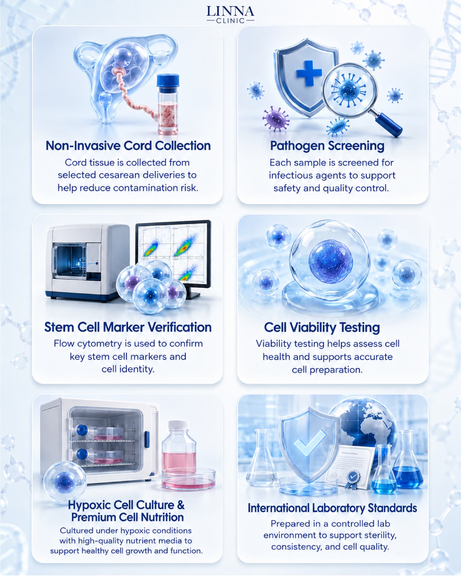 LINNA Clinic laboratory standards: cord collection, pathogen screening, marker verification, viability testing, hypoxic culture and international lab standards
